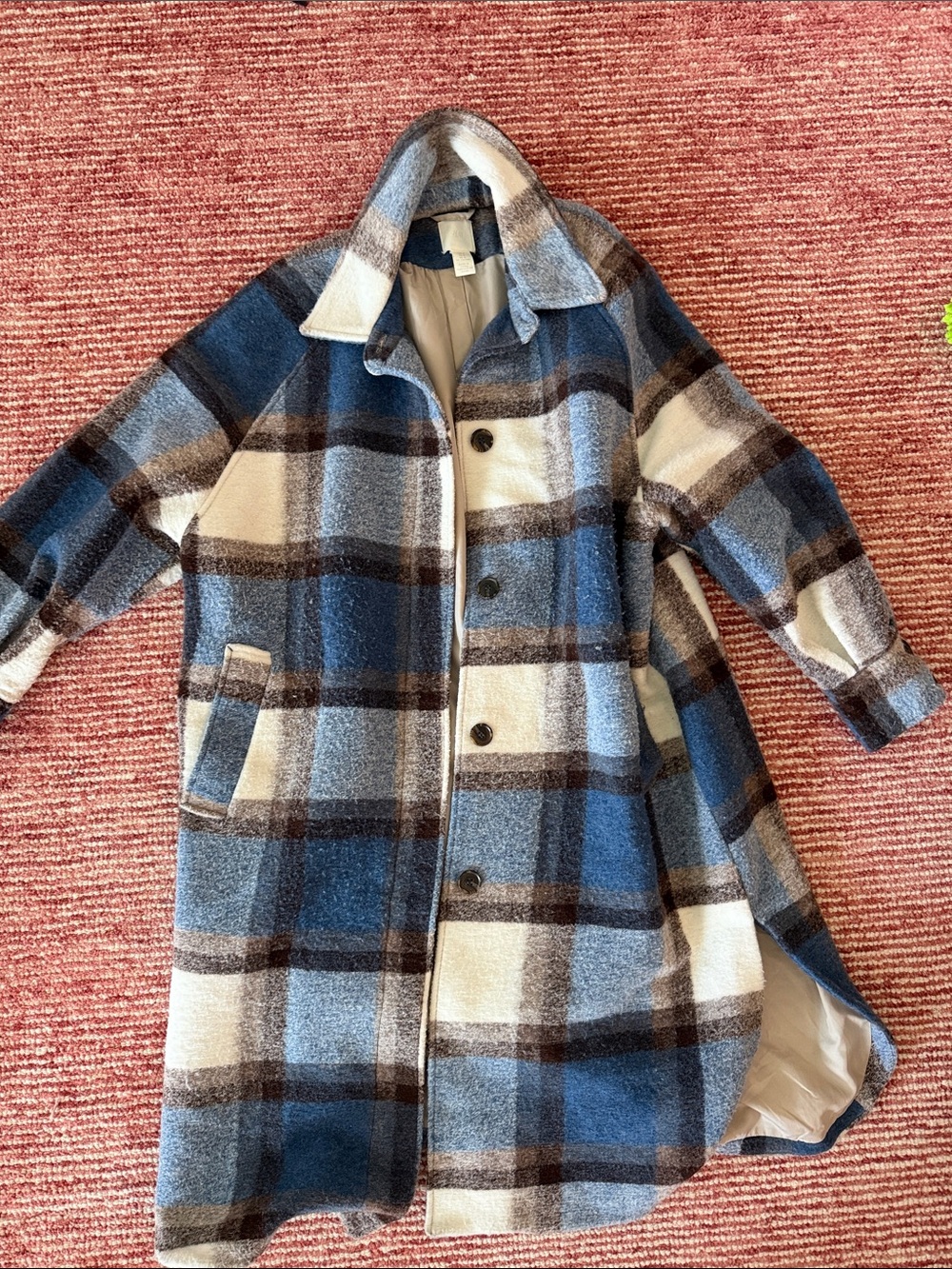 H&M Blue, White & Brown Plaid Wool-Blend Coat